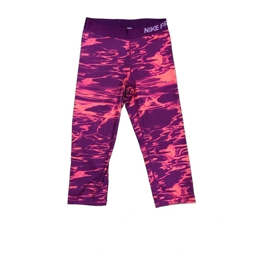 Nike Pro Capri Leggings Orange and Purple Marble swirl pattern Sz M Womens EUC‎